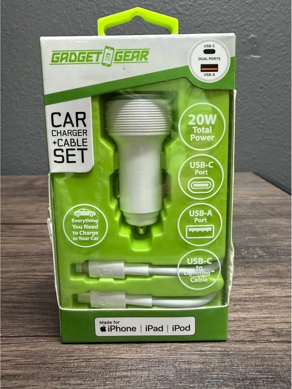 2.4A Car Charger Adapter Dual USB Ports with USB-C to 8-pin Cable Set Fast White